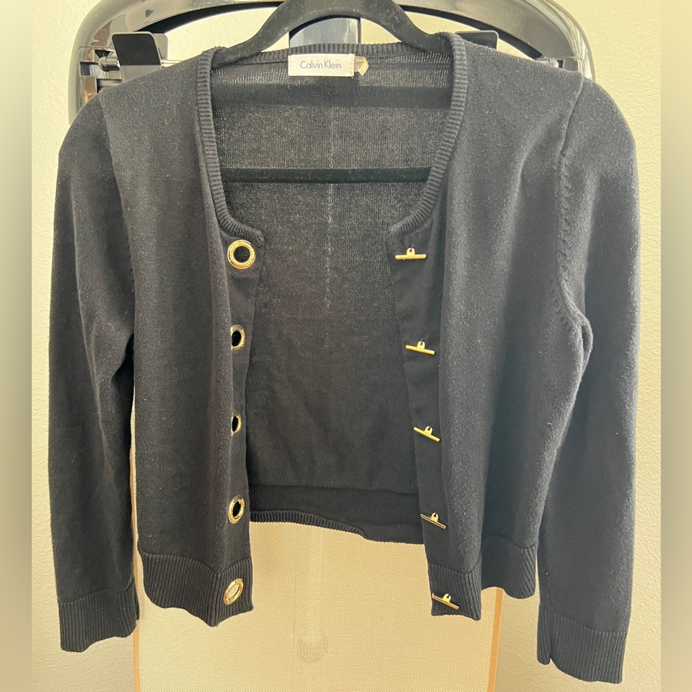 🕶️👑CALVIN KLEIN BLACK W/GOLD LINK CARDIGAN SIZE SMALL